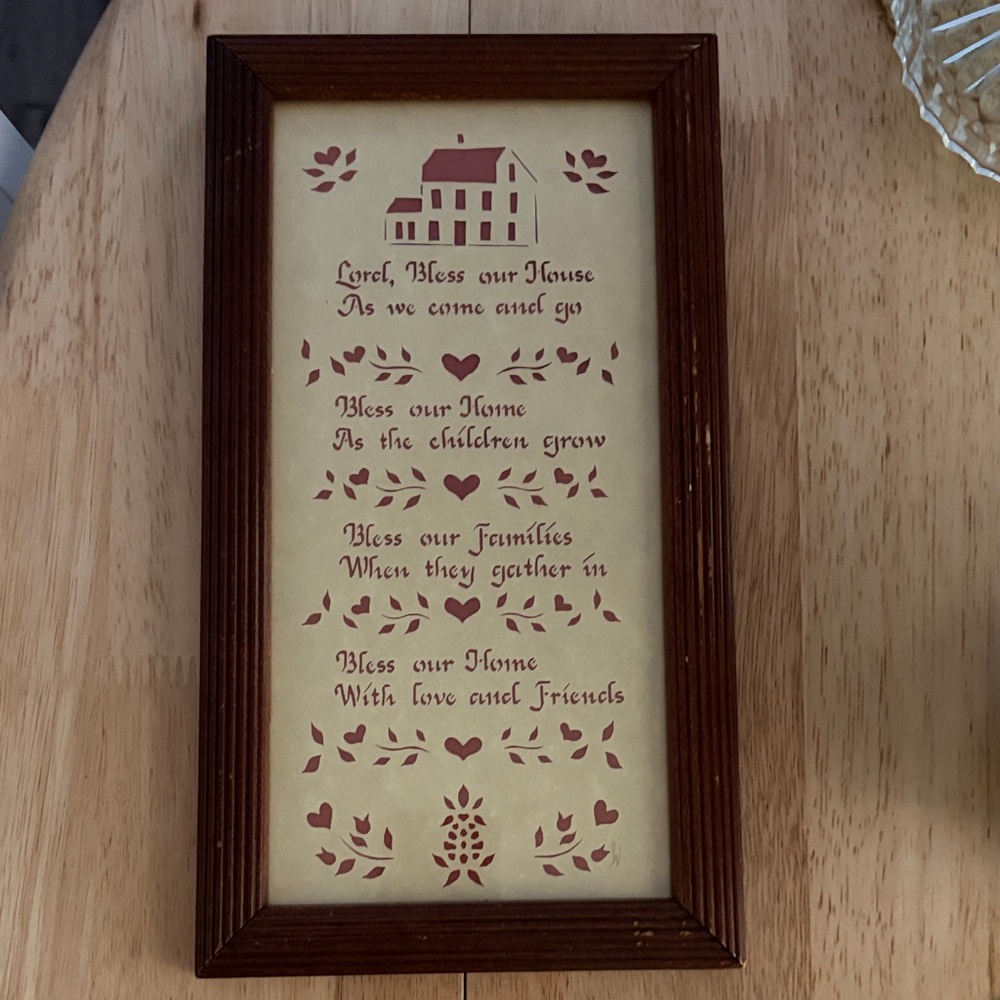Vintage “Designs with Scissors” Framed Bless Our Home Wall Art in Red and Cream